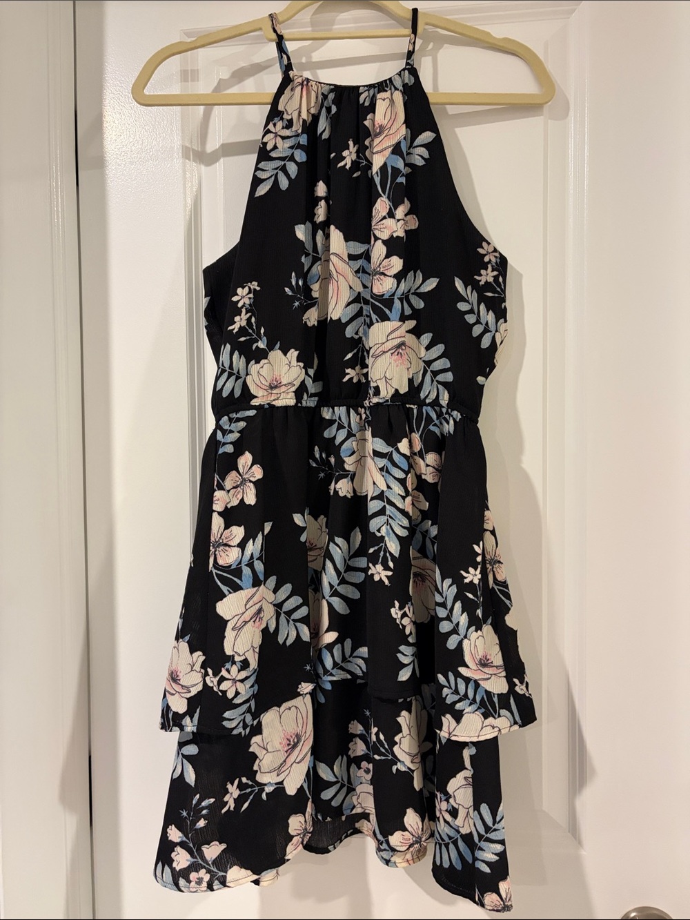 Aqua Black Floral Halter Dress with Pink and Blue Accents
